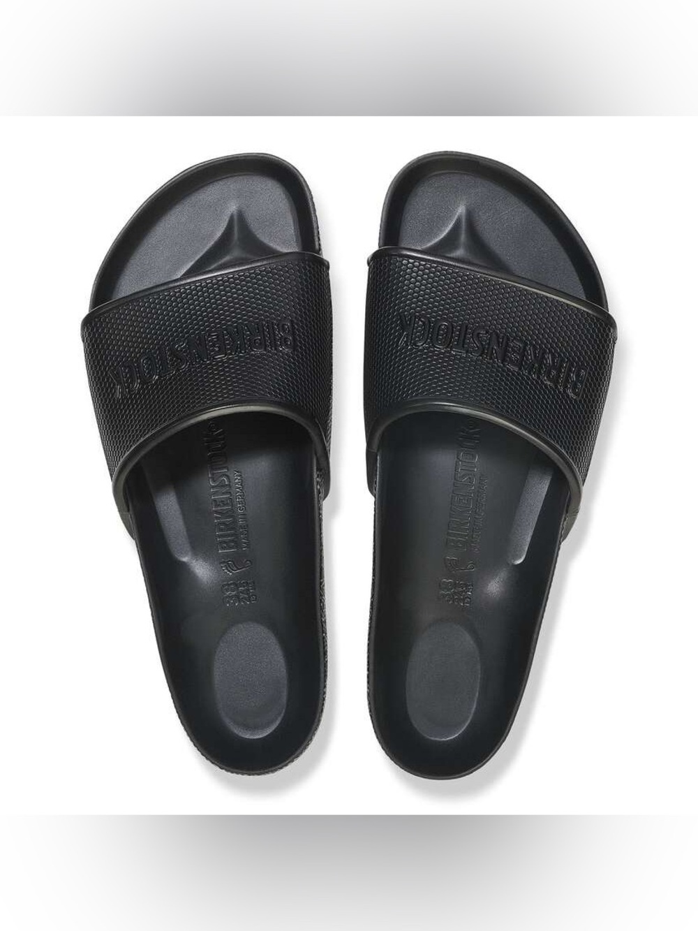 NWOT Birkenstock Black  Barbados EVA Logo Embossed Sliders Slippers